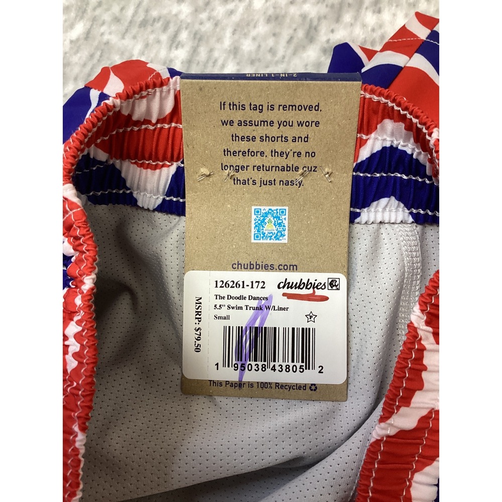 Chubbies The Doodle Dances 5.5" Swim Trunks Red White Blue Wavy Small NEW - Picture 6 of 6